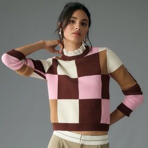 By Anthropologie Plaid Ruffle-Collar Pullover Sweater